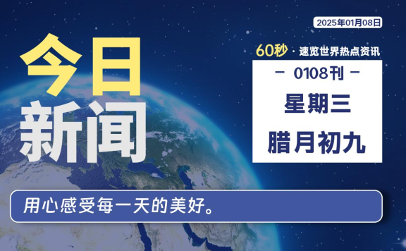 01月08日，星期三, 每天60秒读懂全世界！